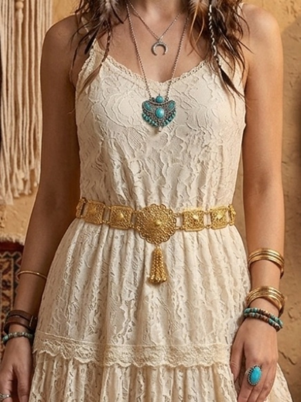 Vintage Style Gold Filigree Flower Link Waist Chain Medallion Tassel NEW! - Picture 3 of 8